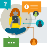 Illustration of woman sitting cross-legged with a tablet and various smaller icons surrounding