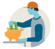 Man in orange baseball cap putting money into an orange piggy bank